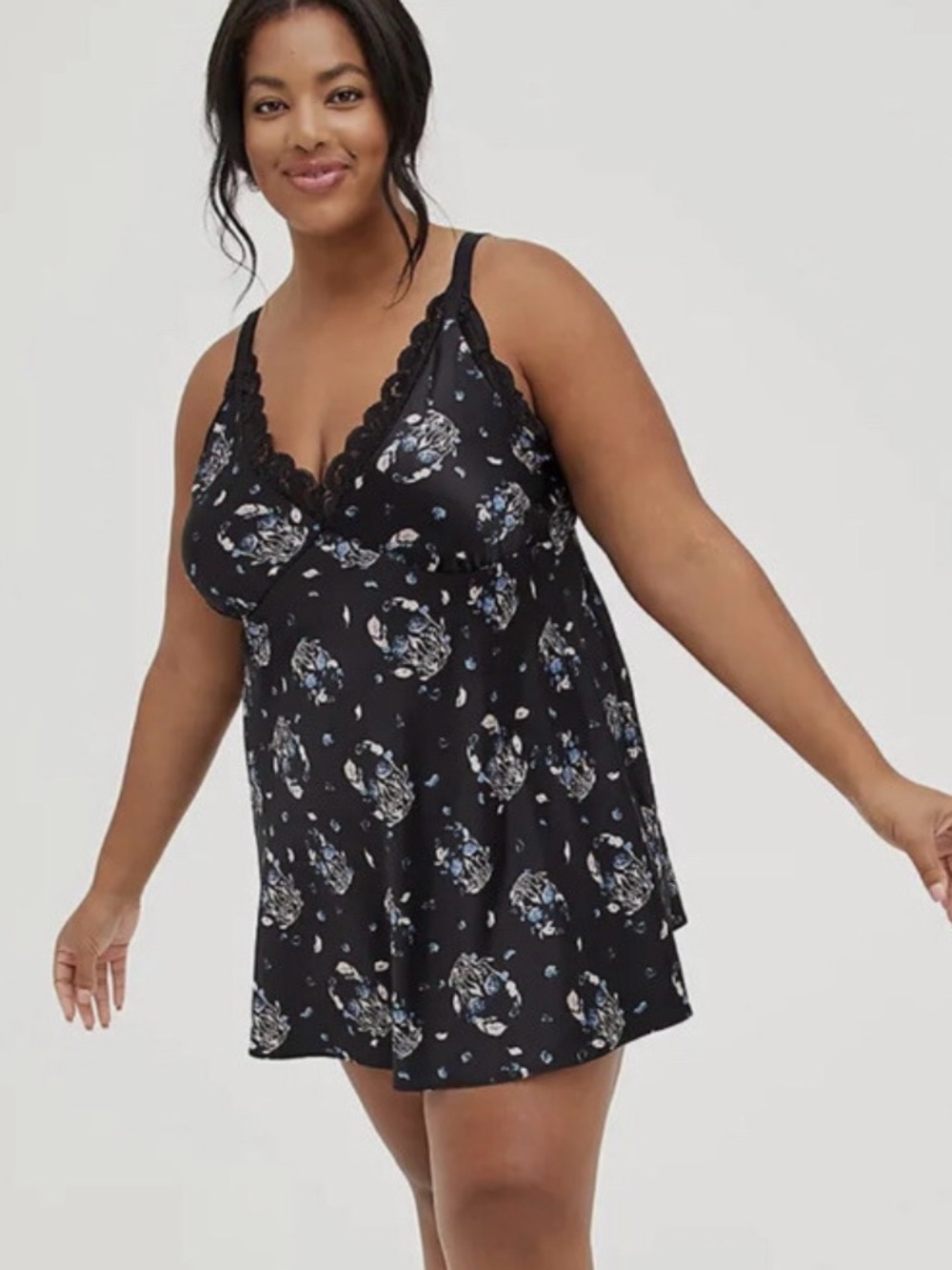 Torrid Curve Black Floral Skull Lace Trim Chemise Sleep Slip Nightdress Size 2X